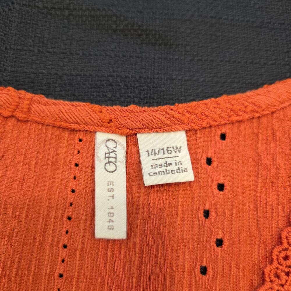 Cato Boho Orange Lace Trim Peasant Tunic Blouse Womens Size 14 16W - Picture 7 of 12